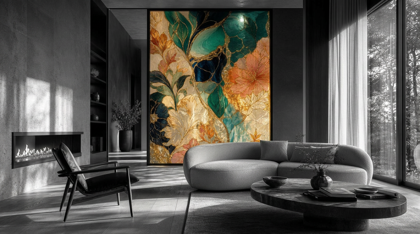 Architectural decorative glass partition in luxury interior